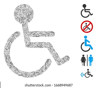 Hatch Collage basiert auf einem behinderten Symbol. Die mosaikanische Vektorillustration ist behindert und besteht aus zufälligen Lukenelementen. Bonussymbole werden hinzugefügt.