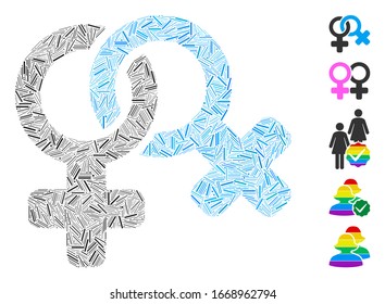 Hatch Collage based on lesbi symbol icon. Mosaic vector lesbi symbol is composed with scattered hatch items. Bonus icons are added.