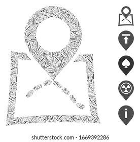 Hatch Collage based on map marker icon. Mosaic vector map marker is created with scattered hatch spots. Bonus icons are added.