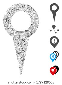 Hatch Collage based on map marker icon. Mosaic vector map marker is designed with scattered hatch spots. Bonus icons are added.