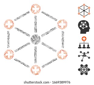 Hatch Collage based on medical network icon. Mosaic vector medical network is composed with random hatch dots. Bonus icons are added.