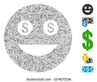 Hatch Collage based on money smiley icon. Mosaic vector money smiley is composed with scattered hatch elements. Bonus icons are added.