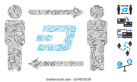 Hatch Collage based on people exchange Dash icon. Mosaic vector people exchange Dash is formed with random hatch dots. Bonus icons are added.