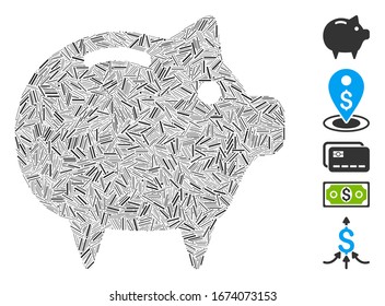 Hatch Collage based on piggy bank icon. Mosaic vector piggy bank is composed with scattered hatch items. Bonus icons are added.
