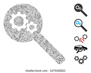 Hatch Collage based on search gears tool icon. Mosaic vector search gears tool is designed with randomized hatch elements. Bonus icons are added.