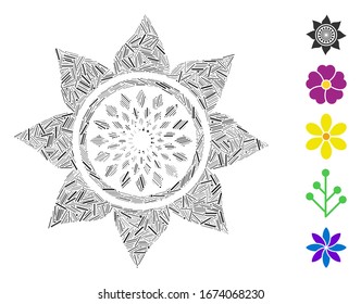 Hatch Collage based on sunflower flower icon. Mosaic vector sunflower flower is composed with random hatch spots. Bonus icons are added.