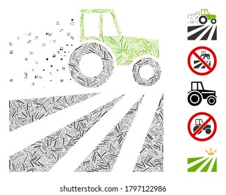 Collage del escote basado en el icono del campo de polvo del tractor. El campo de polvo del tractor vector mosaico se forma con manchas de escotilla aleatorias. Se agregan iconos de bonificación.