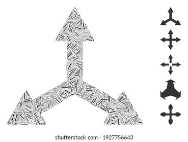 Hatch Collage based on triple arrows icon. Mosaic vector triple arrows is formed with randomized hatch dots. Bonus icons are added.