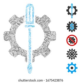 Hatch Collage based on tuning options gear icon. Mosaic vector tuning options gear is formed with scattered hatch dots. Bonus icons are added.
