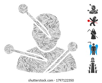 Hatch Collage based on voodoo needles icon. Mosaic vector voodoo needles is created with scattered hatch spots. Bonus icons are added.