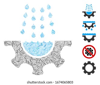Hatch Collage based on water shower service gear icon. Mosaic vector water shower service gear is formed with randomized hatch dots. Bonus icons are added.