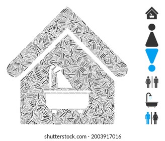 Hatch collage bathroom icon organized from thin elements in random sizes and color hues. Vector linear parts are united into abstract collage bathroom icon. Bonus pictograms are placed.