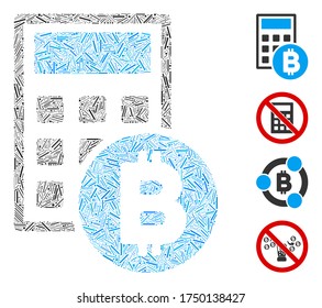 Hatch collage Bitcoin calculator icon designed from thin items in various sizes and color hues. Line items are arranged into abstract vector collage Bitcoin calculator icon.