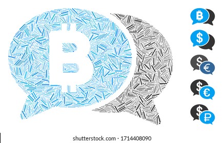 Hatch collage Bitcoin chat icon constructed from narrow elements in variable sizes and color hues. Vector linear elements are arranged into abstract collage Bitcoin chat icon.