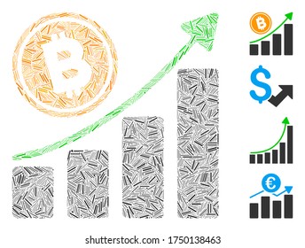 Hatch collage Bitcoin growth trend icon composed of thin items in variable sizes and color hues. Irregular hatch items are organized into abstract vector collage Bitcoin growth trend icon.