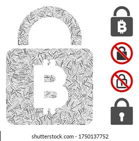 Hatch collage Bitcoin lock icon constructed from narrow items in variable sizes and color hues. Irregular hatch items are grouped into abstract vector illustration Bitcoin lock icon.