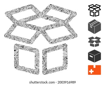 Hatch collage box icon designed from straight items in different sizes and color hues. Vector hatch items are organized into abstract composition box icon. Bonus pictograms are added.