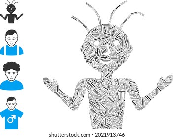 Hatch collage boy icon designed from narrow items in different sizes and color hues. Irregular hatch items are arranged into abstract vector composition boy icon. Bonus icons are added.