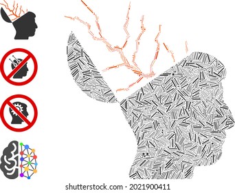 Icono de la electricidad cerebral de colchón de escotilla compuesto por elementos delgados en tamaños variables y tonos de color. Las partes irregulares de escotilla se componen en un icono abstracto de colaje de vectores de electricidad cerebral.