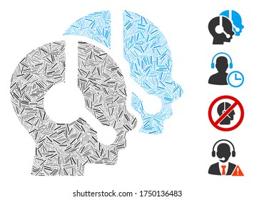 Hatch collage call center operators icon composed of thin items in various sizes and color hues. Lines items are organized into abstract vector composition call center operators icon.
