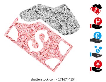 Hatch Collage Barzahlung Symbol vereint aus dünnen Elementen in variabler Größe und Farbtönen. Vektorillustration Schlupfelemente werden zu einem abstrakten Zahlungssymbol zusammengeführt. Bonussymbole werden hinzugefügt.