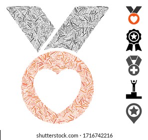 Hatch collage charity medal icon united from straight items in random sizes and color hues. Vector hatch items are organized into abstract collage charity medal icon. Bonus icons are added.