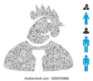 Hatch collage chicken man icon constructed from straight items in various sizes and color hues. Vector hatch items are composed into abstract collage chicken man icon. Bonus icons are placed.
