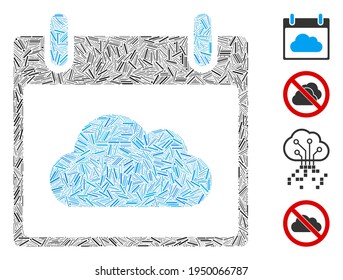 Hatch Collage Cloud Kalendertag Symbol aus dünnen Artikeln in verschiedenen Größen und Farben organisiert. Line-Elemente werden in abstrakte Vektorgrafik-Collage Cloud-Kalendertag Symbol zusammengestellt.