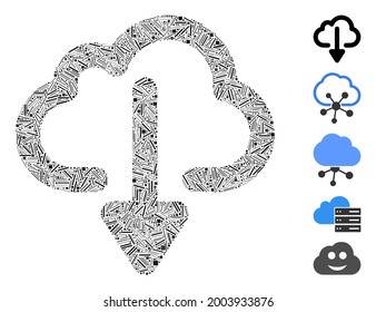 Hatch collage cloud download icon organized from narrow items in random sizes and color hues. Vector hatch items are organized into abstract collage cloud download icon. Bonus pictograms are placed.
