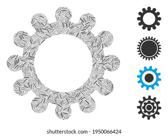 Hatch collage cog icon designed from straight items in variable sizes and color hues. Line items are grouped into abstract vector collage cog icon. Bonus icons are placed.