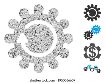 Hatch collage cog rotation icon composed of straight items in different sizes and color hues. Irregular hatch items are grouped into abstract vector collage cog rotation icon. Bonus icons are placed.