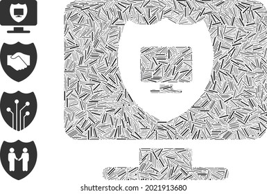 Hatch collage computer shield icon composed of thin items in different sizes and color hues. Line items are arranged into abstract vector collage computer shield icon. Bonus icons are placed.