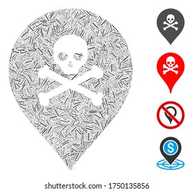 Hatch collage death map marker icon constructed from narrow elements in variable sizes and color hues. Irregular hatch elements are composed into abstract vector illustration death map marker icon.