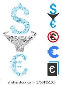 Hatch collage Dollar Euro conversion filter icon constructed from straight elements in various sizes and color hues.