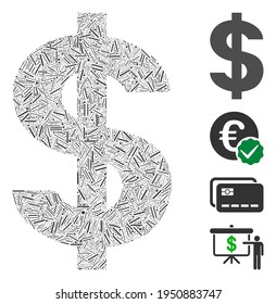 Hatch collage dollar symbol icon united from thin items in random sizes and color hues. Line items are arranged into abstract vector collage dollar symbol icon. Bonus pictograms are added.
