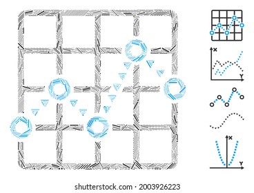 Hatch collage dotted line grid plot icon constructed from straight elements in various sizes and color hues. Vector hatch elements are composed into abstract illustration dotted line grid plot icon.
