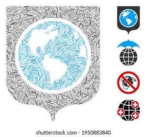 Hatch collage Earth shield icon organized from narrow items in different sizes and color hues. Line items are grouped into abstract vector collage Earth shield icon. Bonus icons are added.