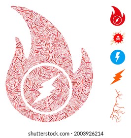 Hatch collage electric flame icon designed from straight elements in various sizes and color hues. Vector hatch elements are organized into abstract collage electric flame icon.