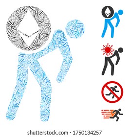 Hatch collage Ethereum courier person icon organized from straight items in various sizes and color hues. Lines items are organized into abstract vector composition Ethereum courier person icon.