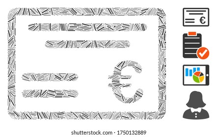 Hatch collage Euro cheque icon composed of thin elements in different sizes and color hues. Irregular hatch parts are composed into abstract vector collage Euro cheque icon.