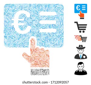 Hatch collage euro order icon constructed from narrow elements in variable sizes and color hues. Vector hatch elements are combined into abstract composition euro order icon.