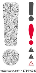 Icono de signo de exclamación del colchón del escote unido desde objetos finos en varios tamaños y tonos de color. Los elementos de rayado vectorial se unen en el icono de signo de exclamación de ilustración abstracta. Se agregan iconos de bonificación.