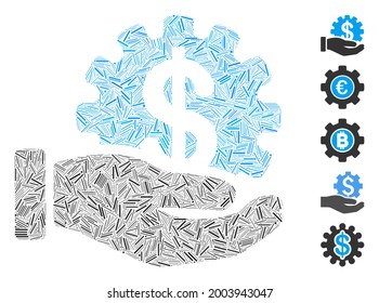 Icono de la mano del engranaje de desarrollo financiero del collage de escotillas, organizado a partir de ítems rectos en tamaños aleatorios y tonos de color.