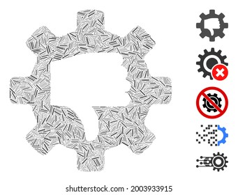 Hatch collage gear thumb down icon designed from narrow elements in variable sizes and color hues. Vector linear elements are arranged into abstract collage gear thumb down icon.
