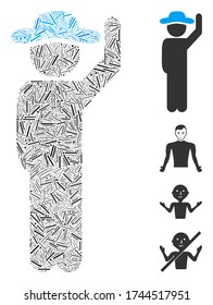 Icono de saludo del caballero del escote de escotilla organizado a partir de elementos estrechos de diferentes tamaños y tonos de color. Los elementos de línea se agrupan en el icono de saludo del caballero del vector abstracto. Se colocan pictogramas bonificados.