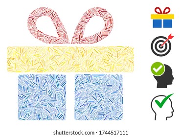 Hatch collage gift icon organized from thin elements in variable sizes and color hues. Irregular hatch elements are organized into abstract vector collage gift icon. Bonus icons are placed.