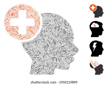 Hatch collage head treatment icon united from straight elements in different sizes and color hues. Linear elements are combined into abstract vector collage head treatment icon.