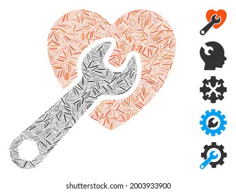 Hatch collage heart surgery icon organized from narrow items in various sizes and color hues. Vector hatch items are grouped into abstract collage heart surgery icon. Bonus pictograms are added.