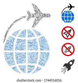 Hatch collage international flight icon composed of narrow elements in different sizes and color hues. Line elements are composed into abstract vector collage international flight icon.