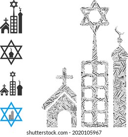 Hatch Collage Jerusalem Städtesymbol aus dünnen Gegenständen in unterschiedlichen Größen und Farbtönen. Unregelmäßige Luken sind in abstrakte Vektorzusammensetzung Jerusalem-Symbol angeordnet.